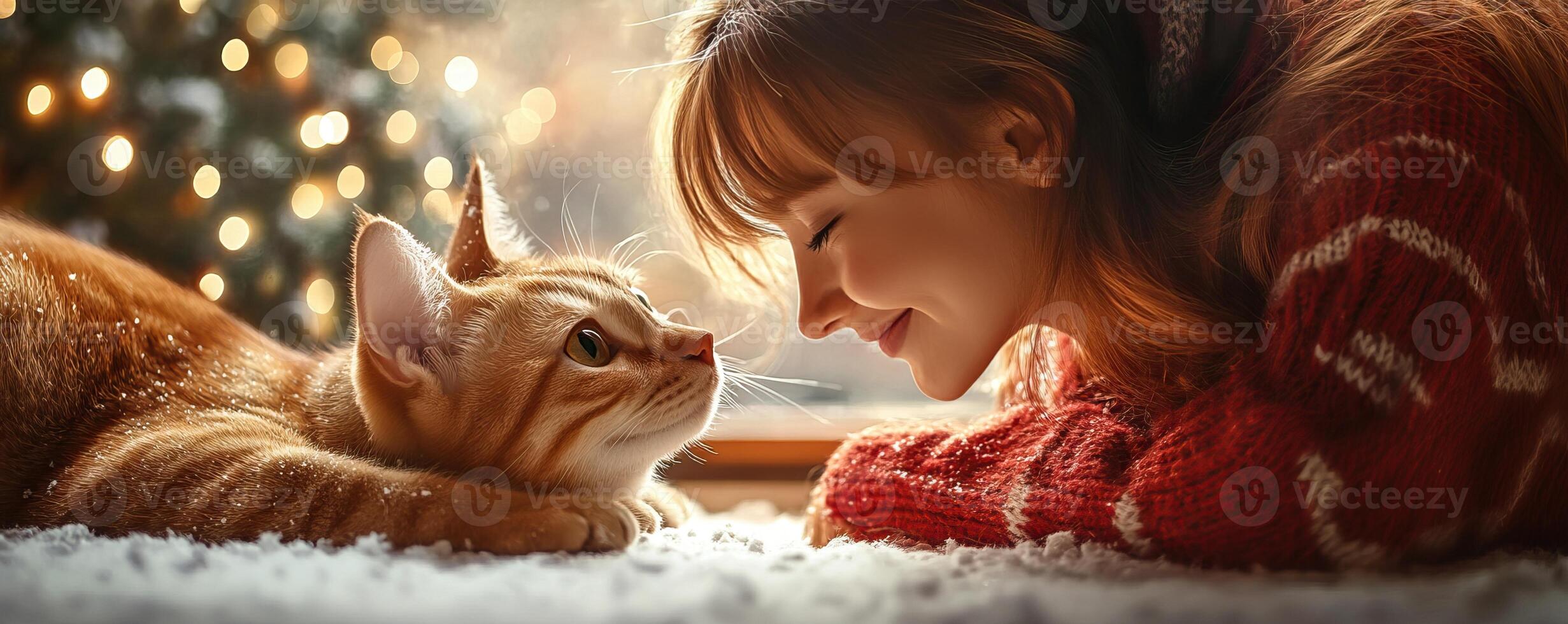 A cozy scene featuring a woman and a cat sharing a joyful moment, surrounded by a festive atmosphere with soft light and a warm ambiance. photo