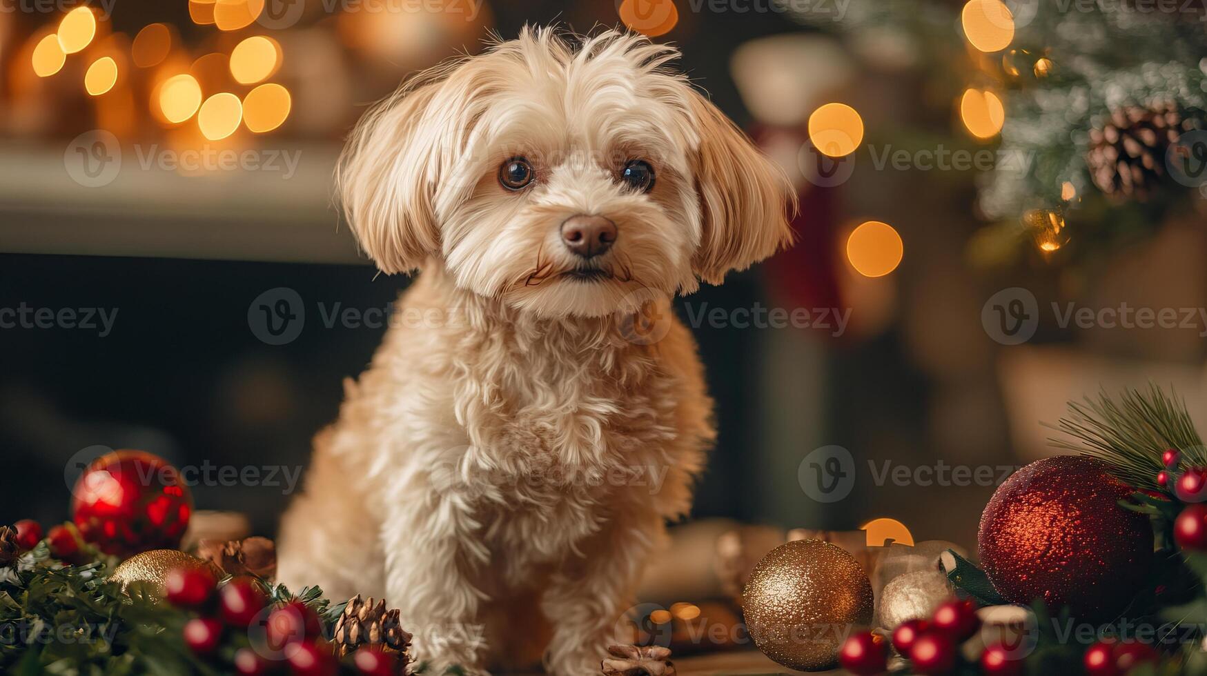 A fluffy dog sits among festive decorations, surrounded by sparkling lights and ornaments, creating a warm holiday atmosphere. photo