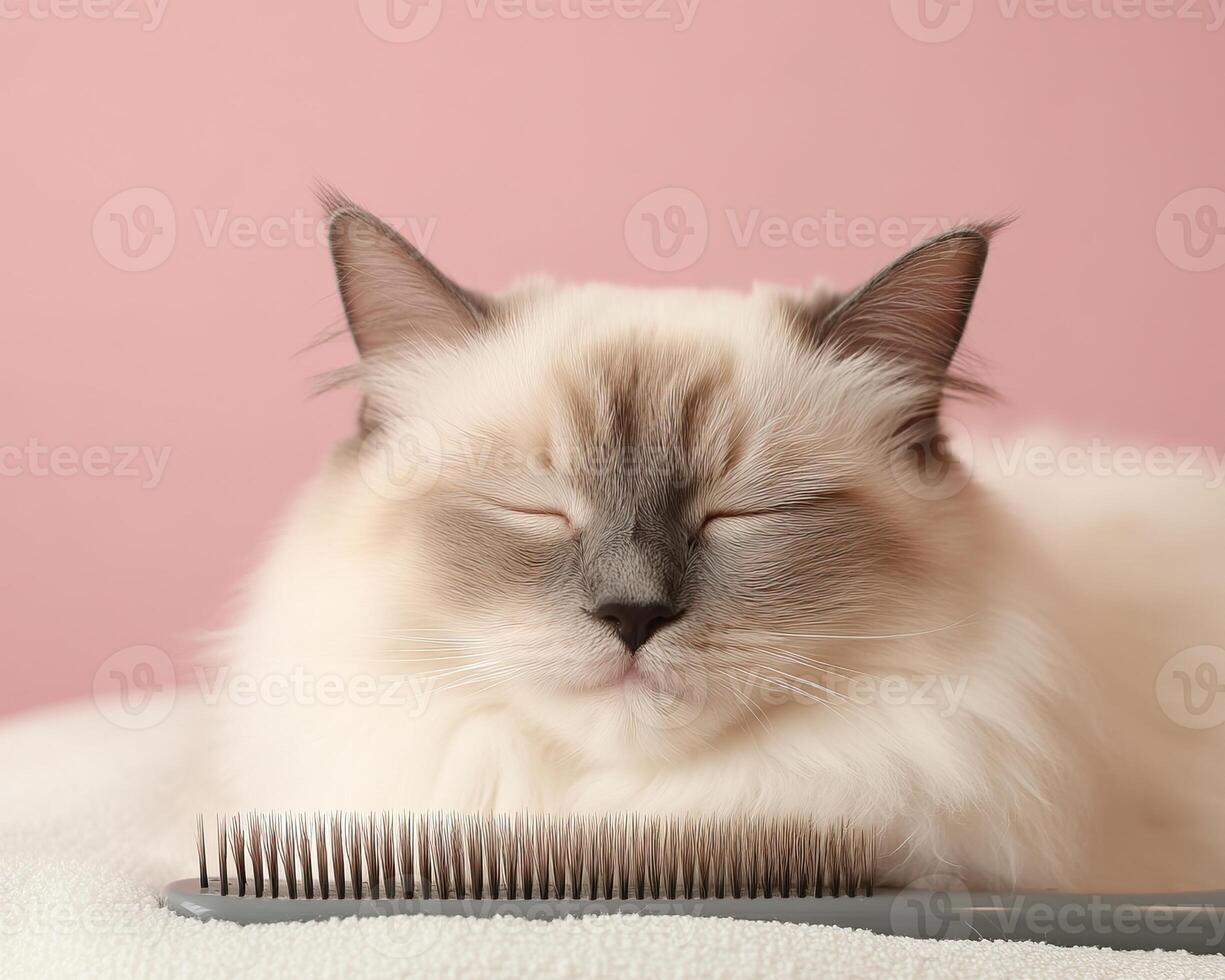 A fluffy cat rests peacefully beside a grooming brush against a soft pink backdrop, exuding calmness and contentment. photo