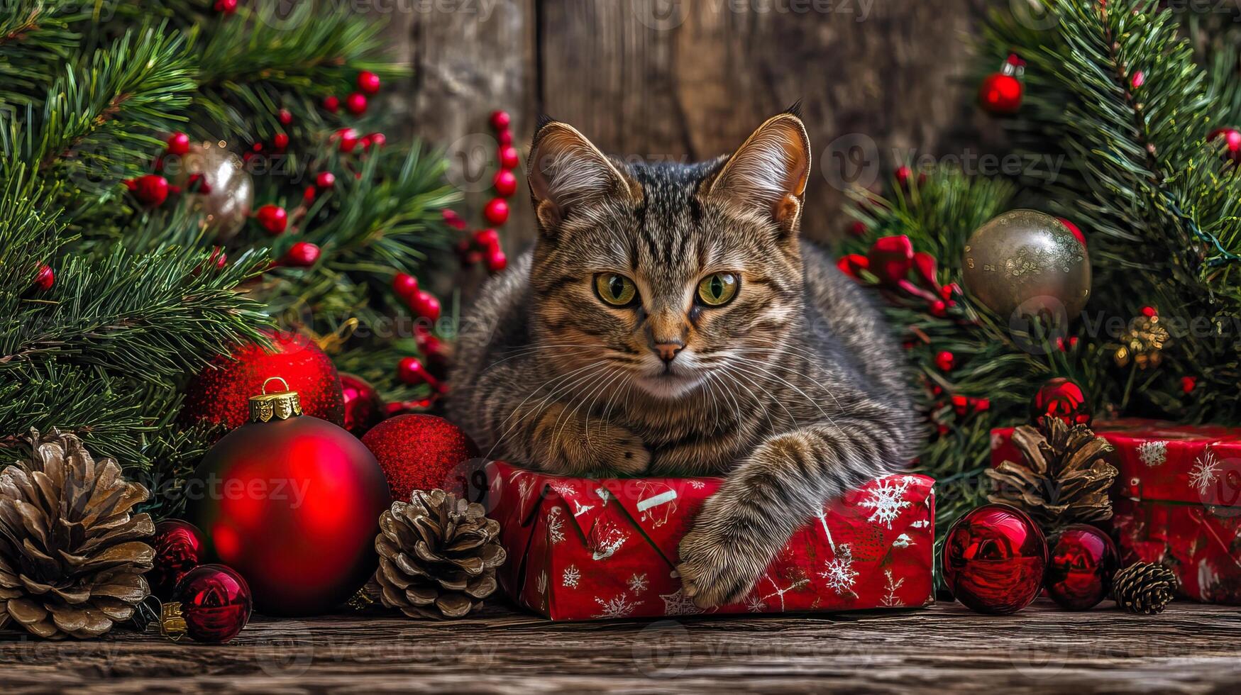 A cozy cat rests on a decorative gift surrounded by festive decorations, pinecones, and holiday greenery, embodying a warm Christmas atmosphere. photo