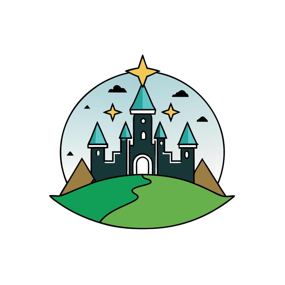 Silhouette of a magic wizard castle on a mountain. vector