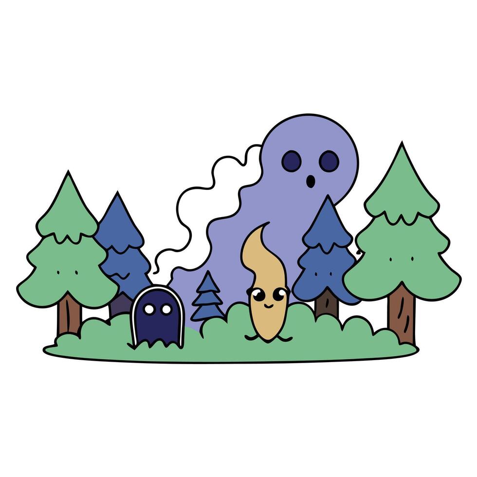 Digital art of a haunted forest and scary figures emerging from smoke. vector