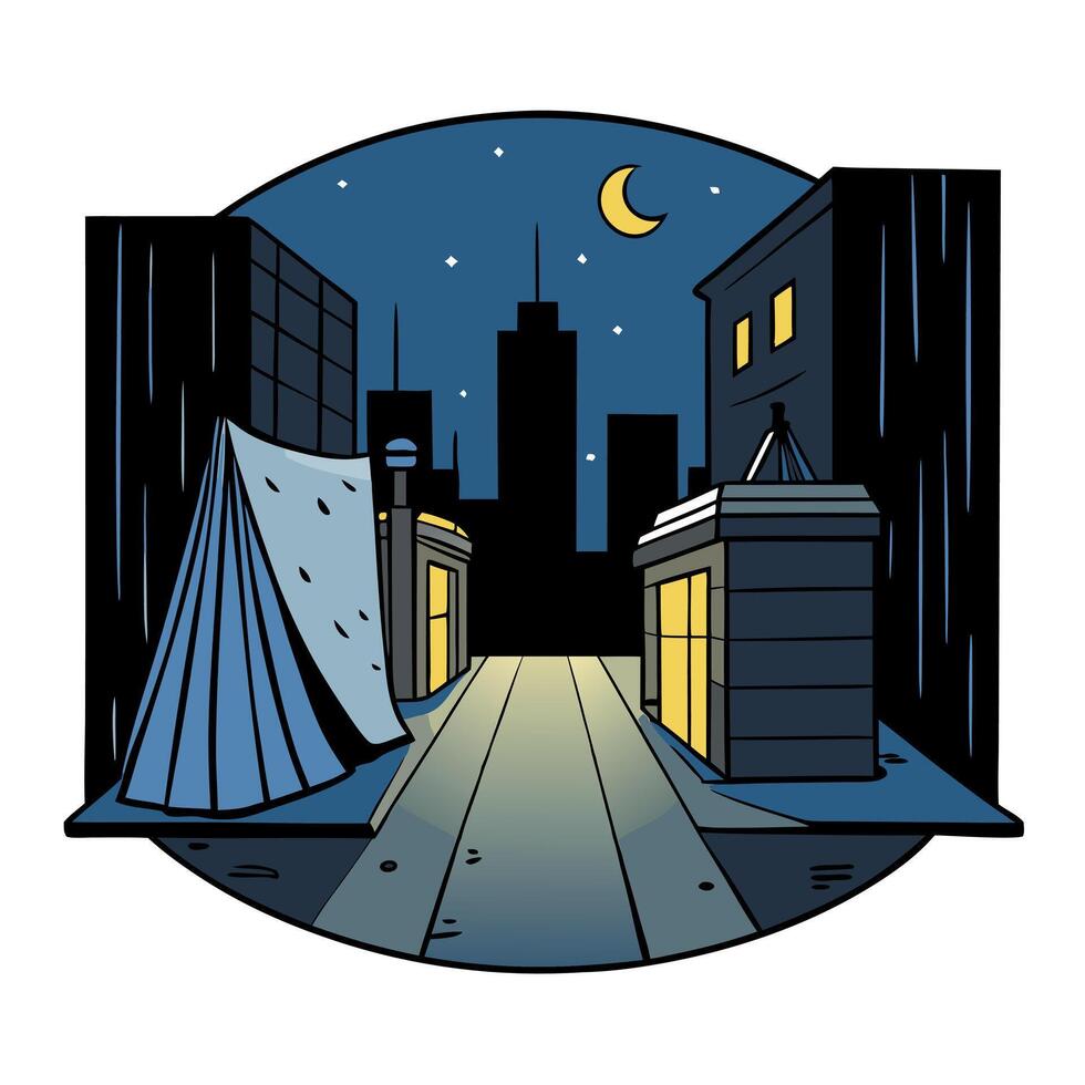 A dimly lit and eerie urban city alleyway under the cover of night. vector