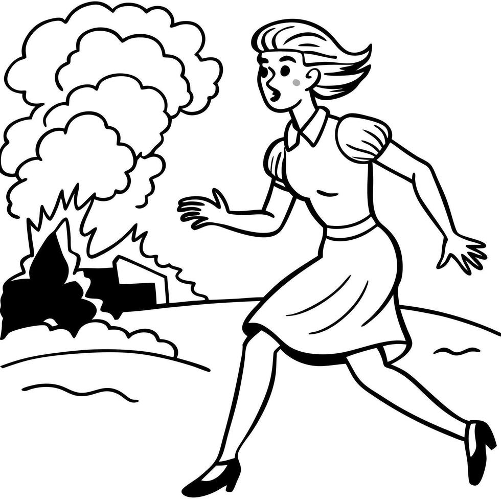 Illustration of a woman running away from the apocalypse in a 1950s era vector