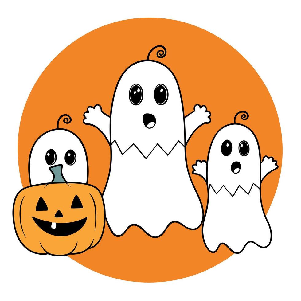 Halloween ghosts with funny pumpkin on orange background. Happy halloween holiday concept. vector