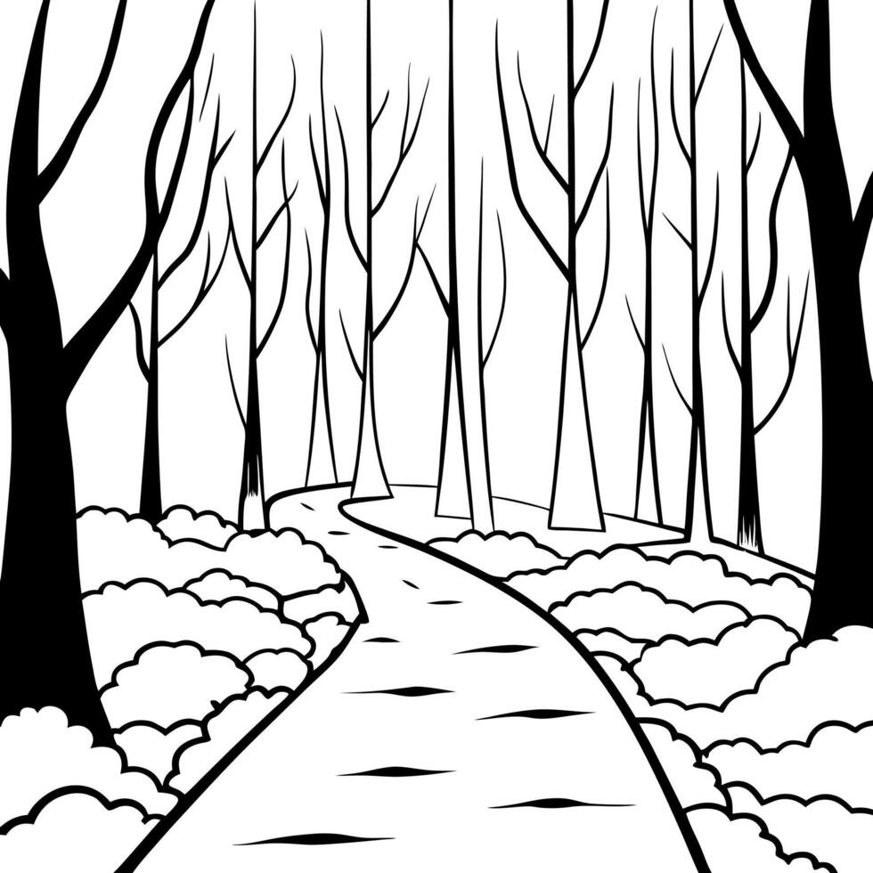 Pathway through a dark forest. The pathway through the dark foggy forest. AI vector
