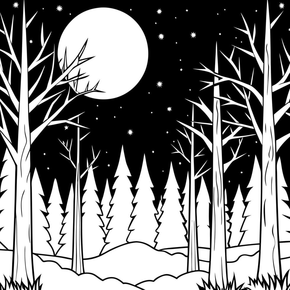 Mystical spooky forest at night with full moon. Halloween background vector