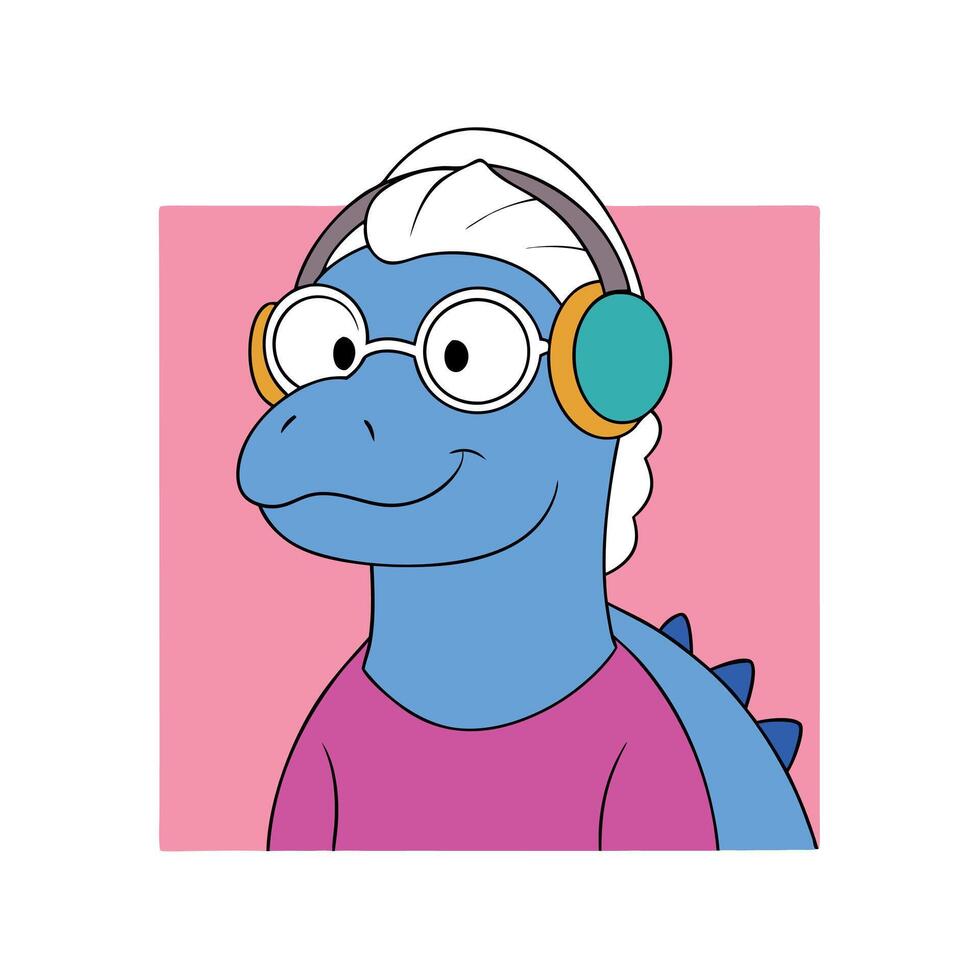 Old lady dinosaur wearing pink glasses and blue headphones on pink background. vector