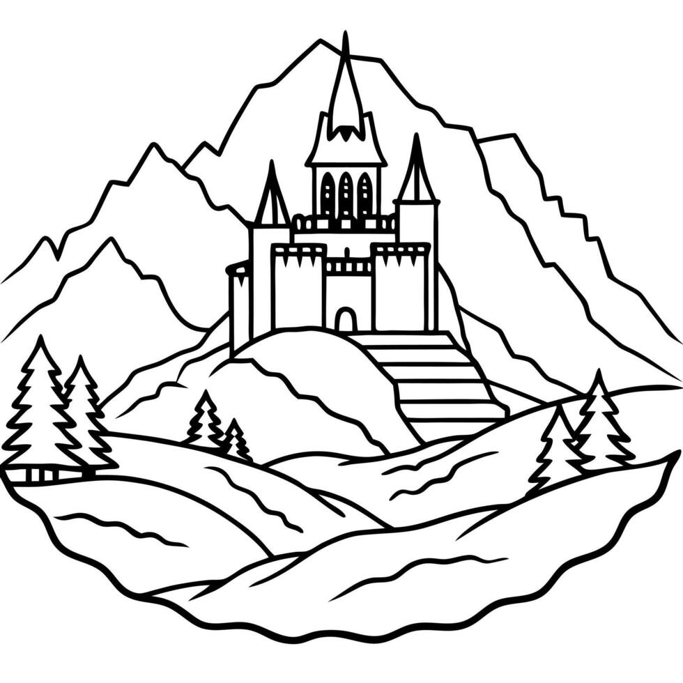 Gloomy mountainous region with a dark gothic castle in a dead valley vector