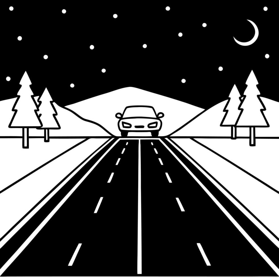 Driving towards car headlights on asphalt road at night vector