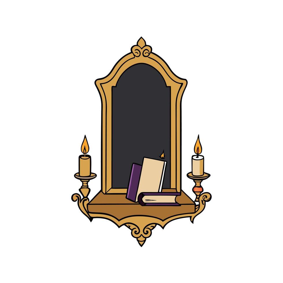 Gothic gold frame mockup with candle and books vector