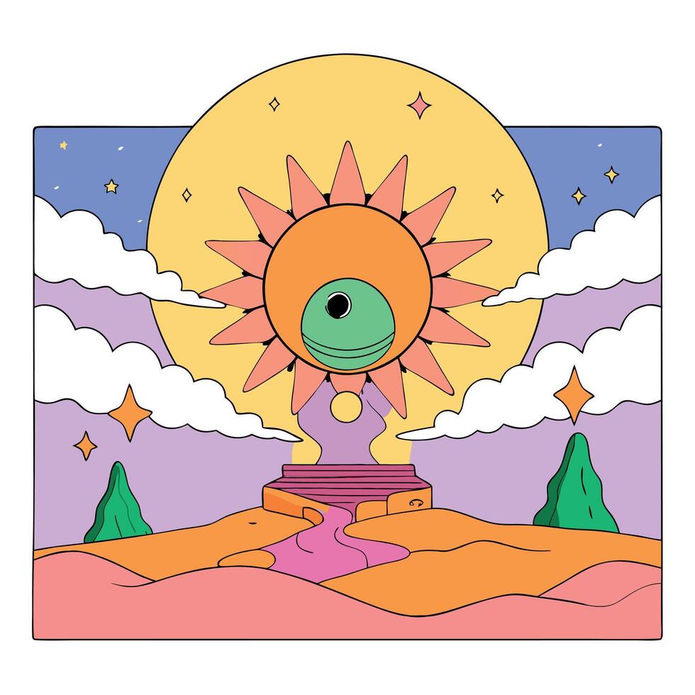 Digital art concept of a psychedelic trippy surreal painting of a fairy sunset with a big glowing sun. created with vector