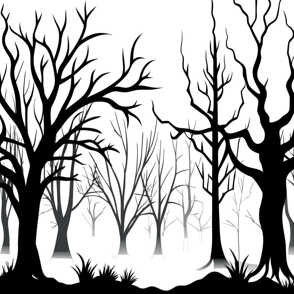 Frozen trees in the fog. Horror halloween background.Digital art vector