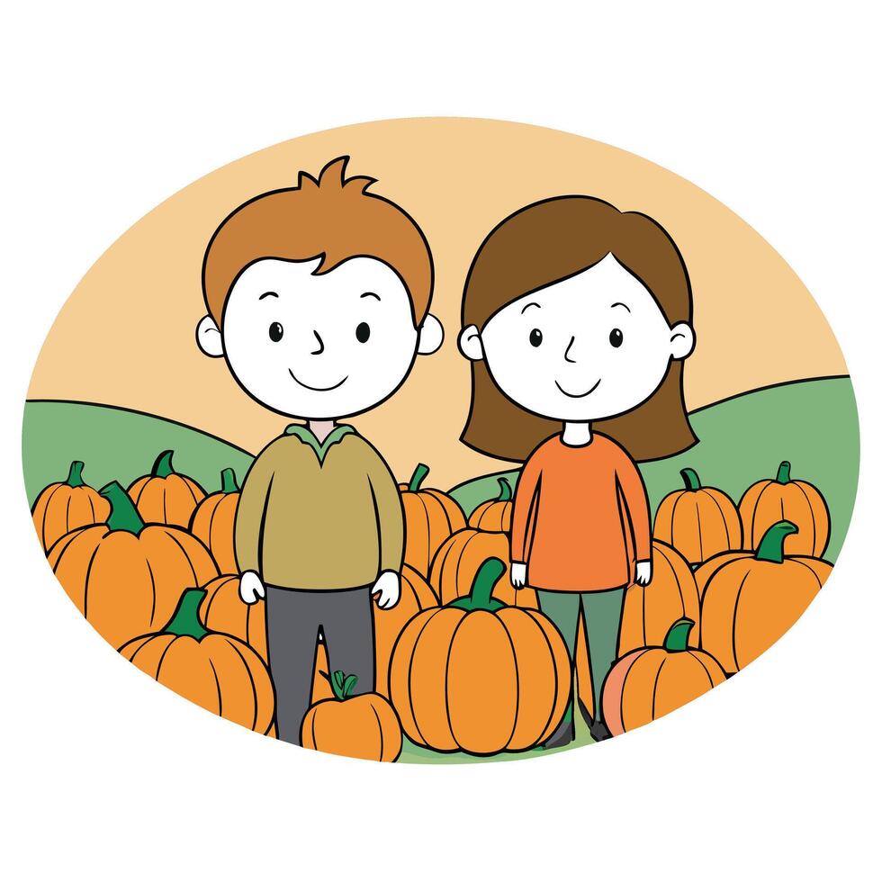 Happy young couple in pumpkin patch field vector