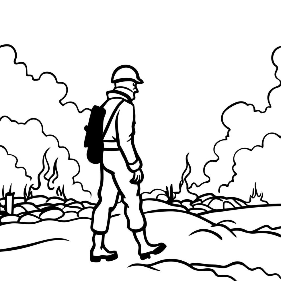 Lone soldier walking on the battlefield. Illustration of a a military man walking on an empty destroyed environment. Destruction. war scene. Smoke and fog. Sad combat feeling. vector
