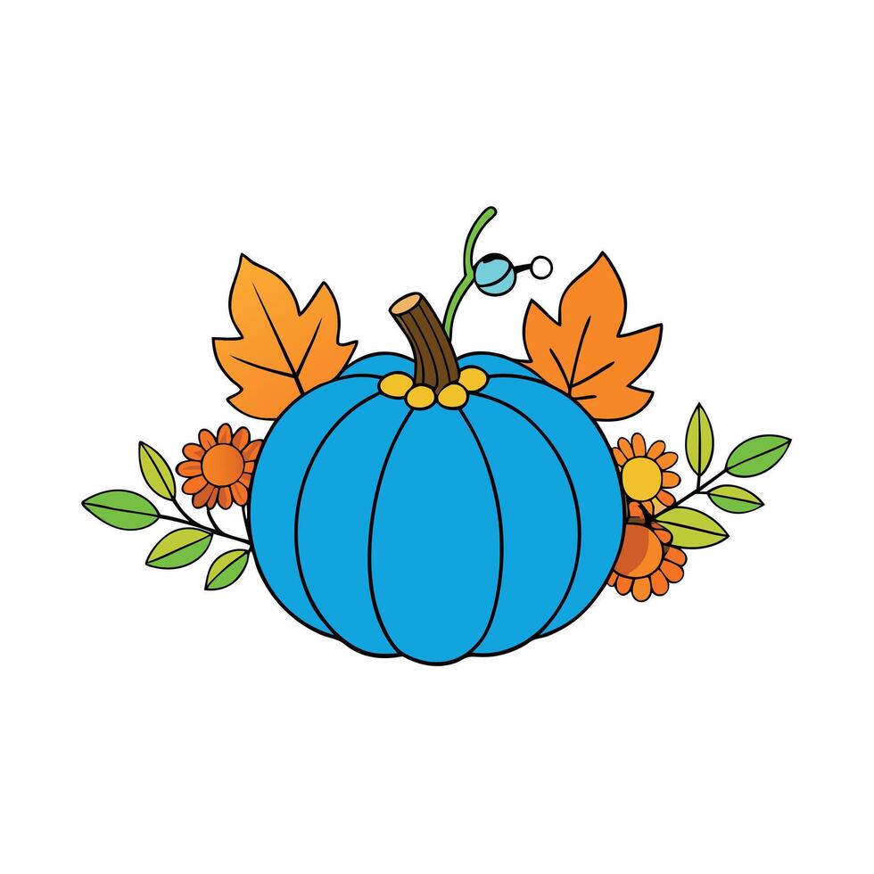 Autumn floral elements with blue pumpkin watercolor isolated vector