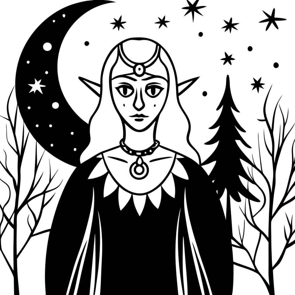 Halloween sinister enchantress. An witch in a forest at night. vector