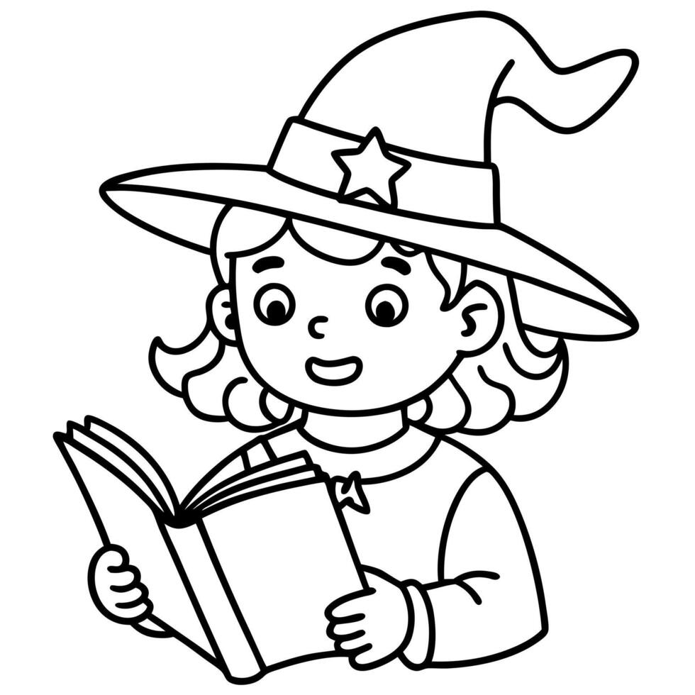 Little girl witch in witches hat reading magic book in library. Fairytale concept. Halloween concept vector