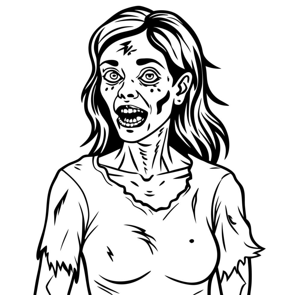Scary female zombie in torn clothes with flesh wounds isolated on white background photorealistic style Halloween woman illustration vector