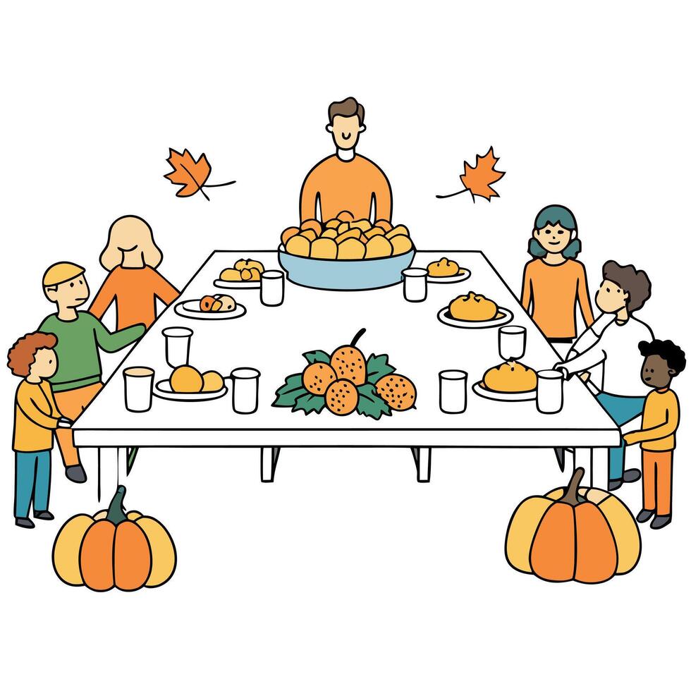 An Illustration of a Community Potluck with Tables Laden with Autumn Harvest vector