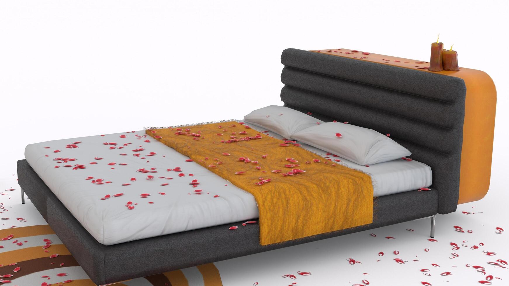 decorated romantic bed with white background photo