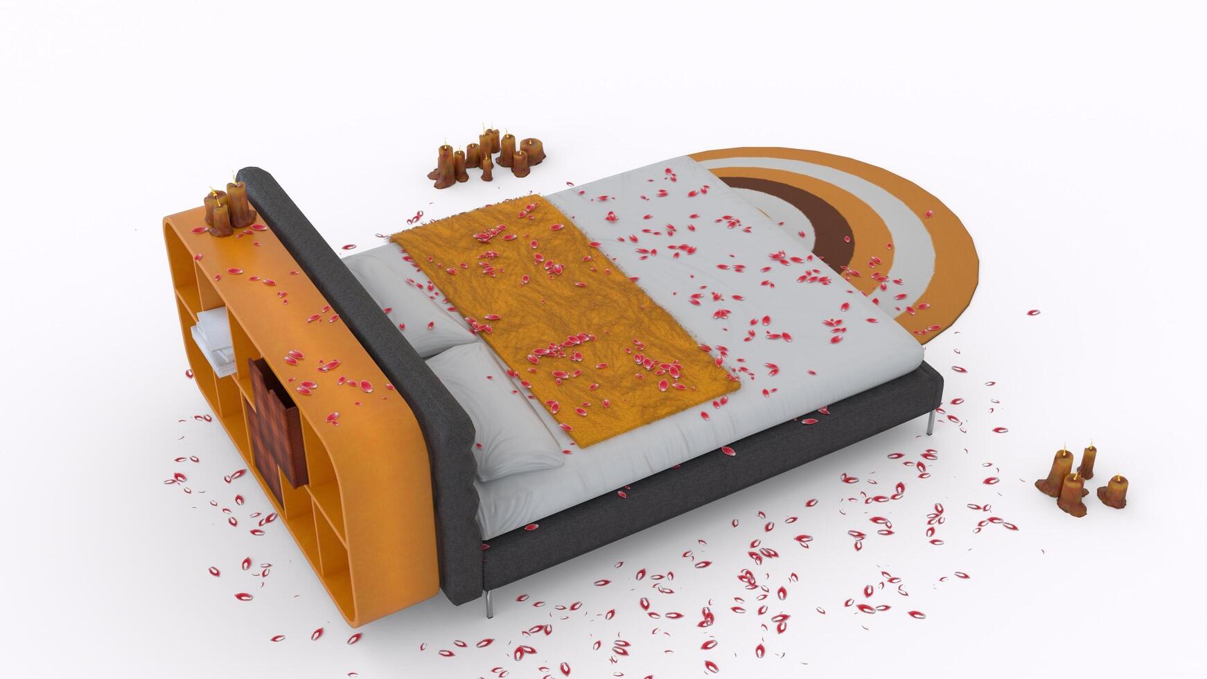 decorated romantic bed with white background photo