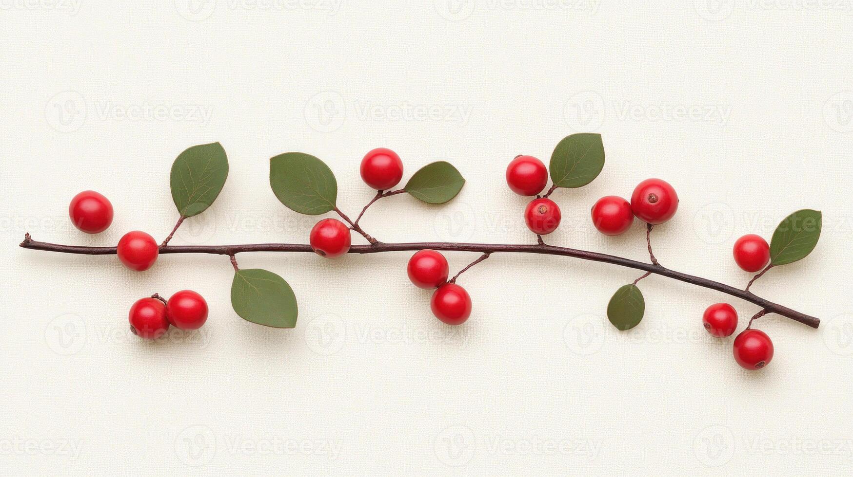Bare branches with a small cluster of berries, light cream background, Ikebana minimal background, Japanese winter art photo