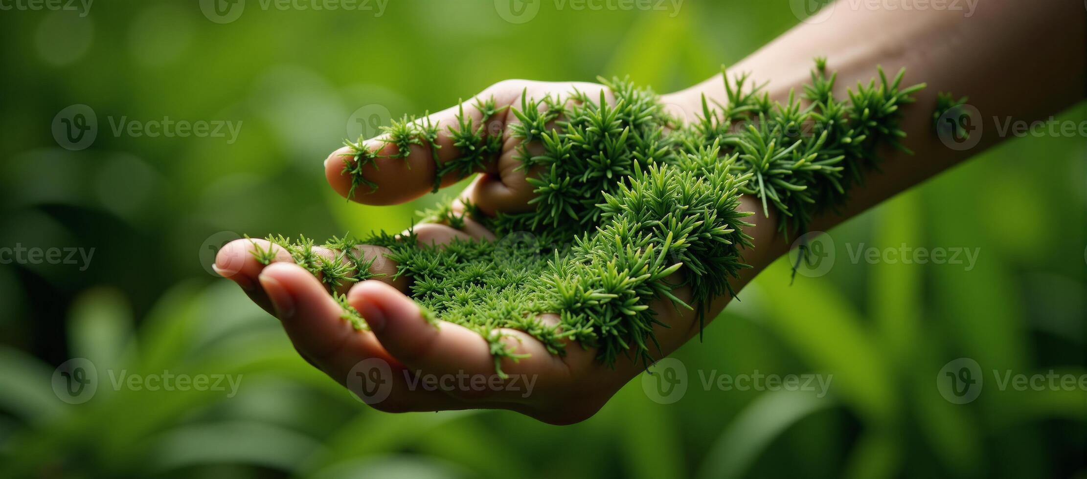 Mother Nature depicted as hand covered in grass within an ecofriendly Gaia concept image photo