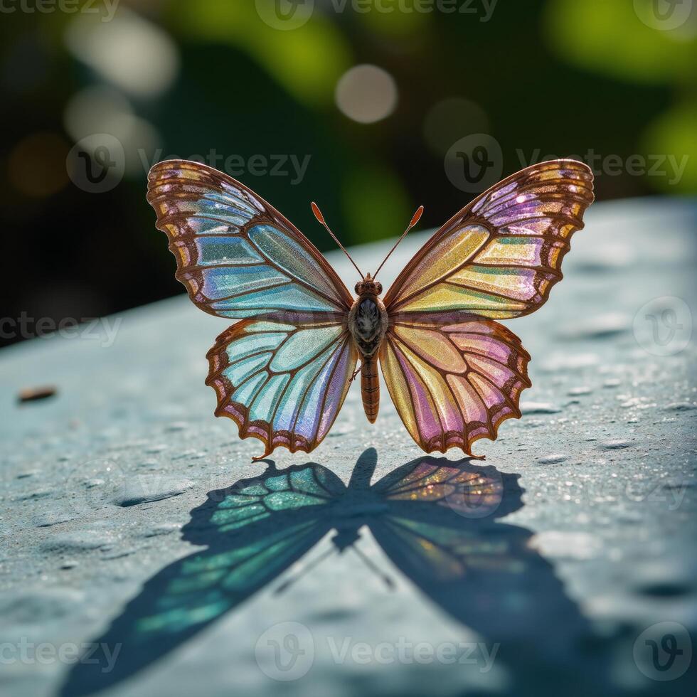 A crystallinewinged butterfly with geometrical patterns perches on a light blue stone casting shadows amidst the surrounding flora and fauna in a fantastical scene photo