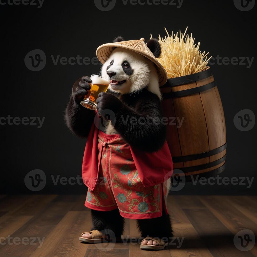 A humorous scene featuring a panda donning traditional clothing enjoying a drink beer and snack barrel of rice photo