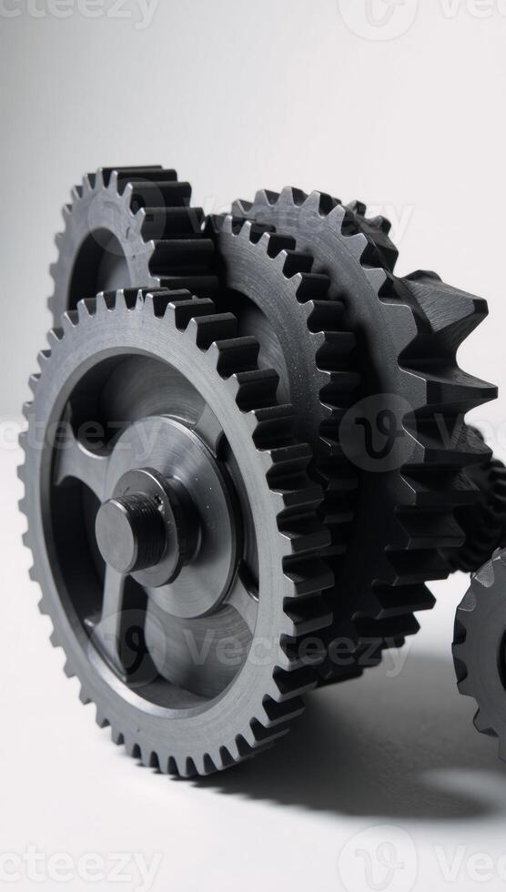 A sleek image showcases metallic black gears against a minimalistic backdrop photo