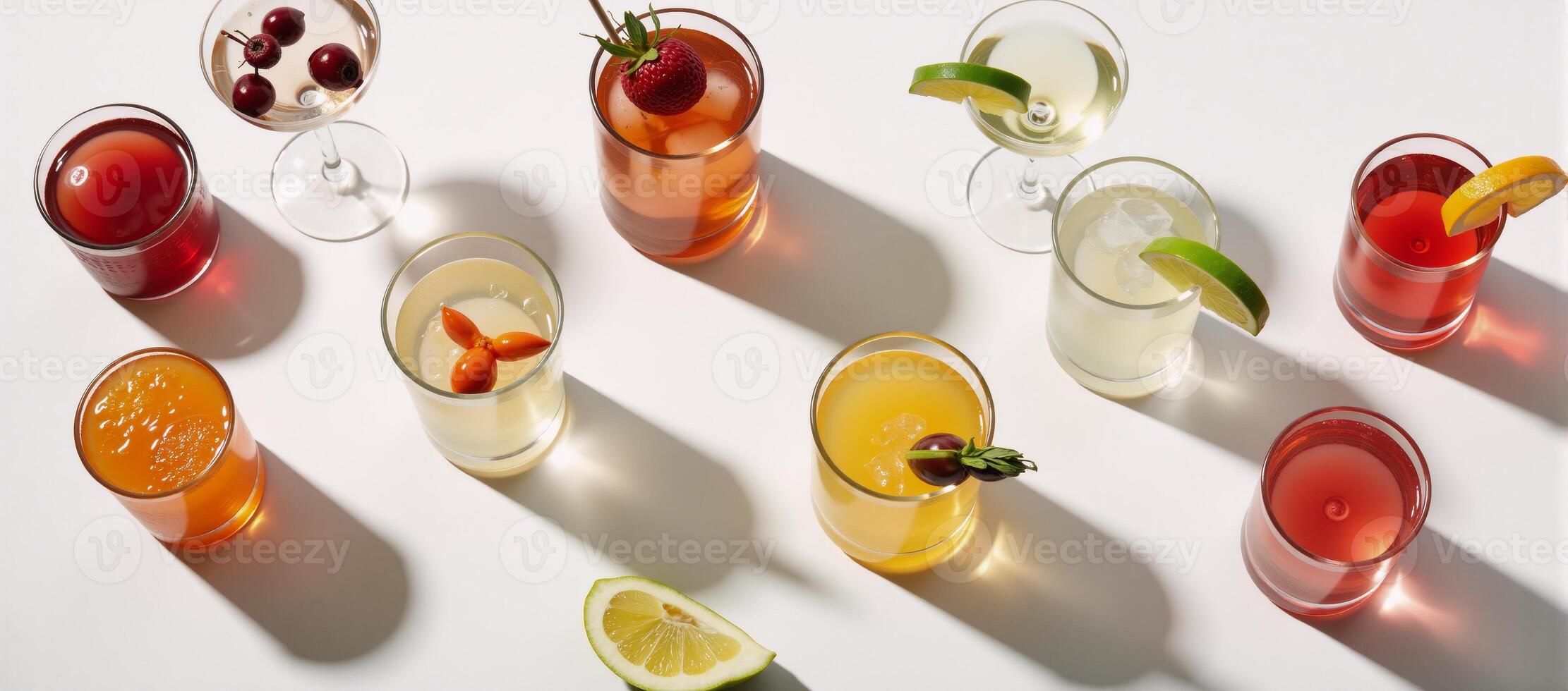 A summery assortment of colorful cocktails on a white backdrop with hard lighting shadow patterns in a topdown perspective photo