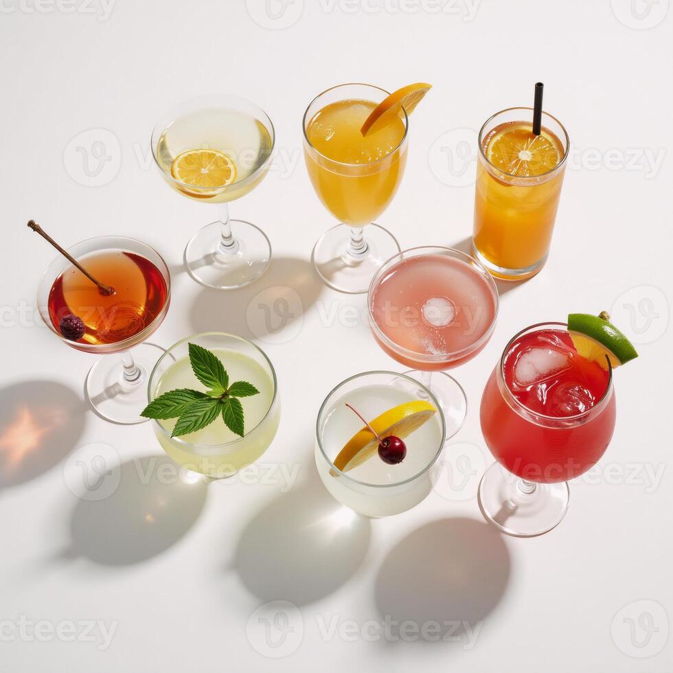 A summery assortment of colorful cocktails on a white backdrop with hard lighting shadow patterns in a topdown perspective photo