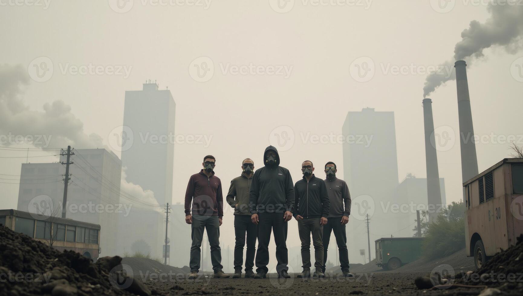 Urban Air Pollution Climate Change Conceptual Illustration showing a City blanketed by Smog with GasMasked People symbolizing Health Impacts on Population photo