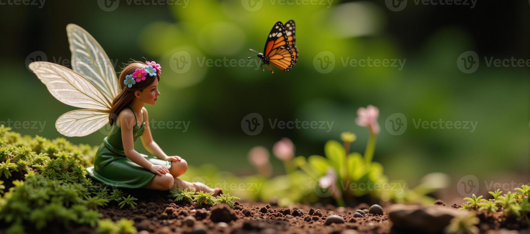 Fairy sitting on ground with flower crown Butterfly hovering overhead photo