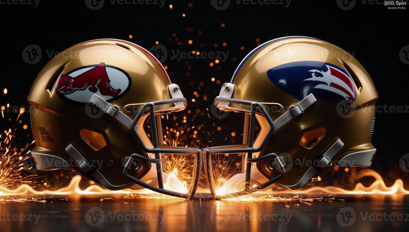 Dramatic showdown between two football helmets surrounded by sparks and flames photo