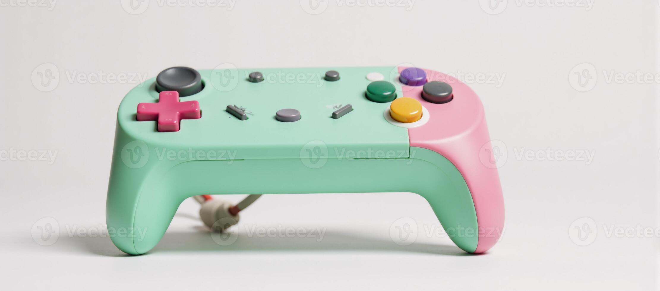 Retrostyled game controller with colorful pastel greenpink case is depicted on a clean white backdrop photo