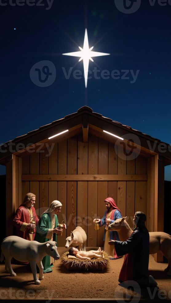 Nativity Scene Serene depiction of Jesus shepherds and animals beneath a starlit sky photo
