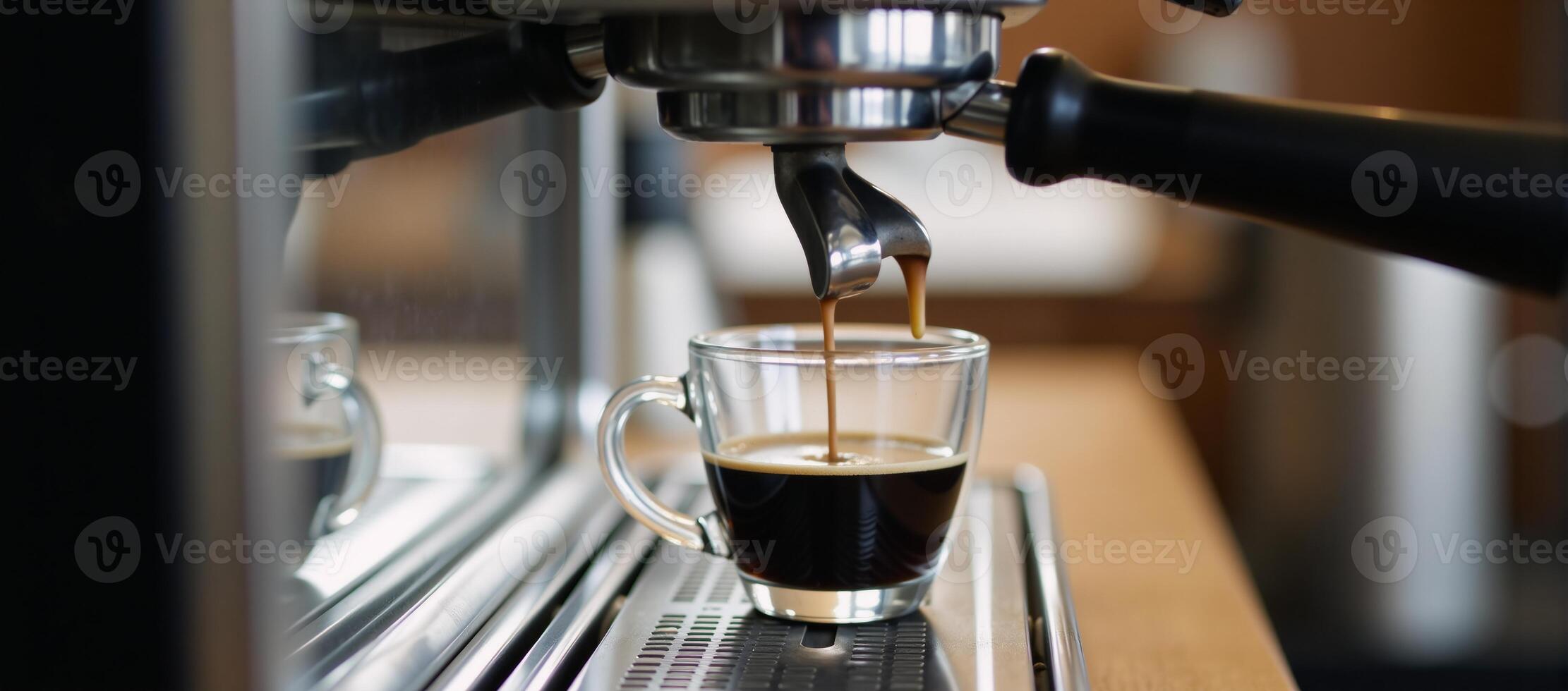 Sketch of a steaming espresso machine serving coffee into a cup against a blurry caf backdrop photo