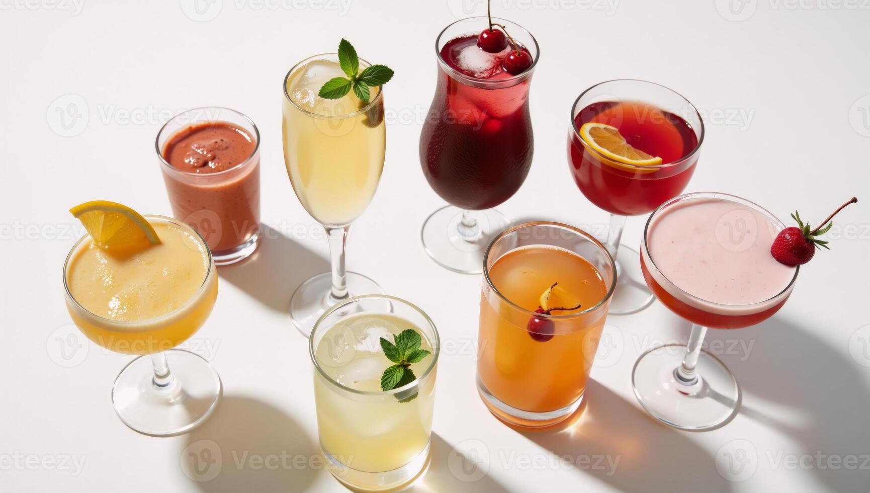 A summery assortment of colorful cocktails on a white backdrop with hard lighting shadow patterns in a topdown perspective photo