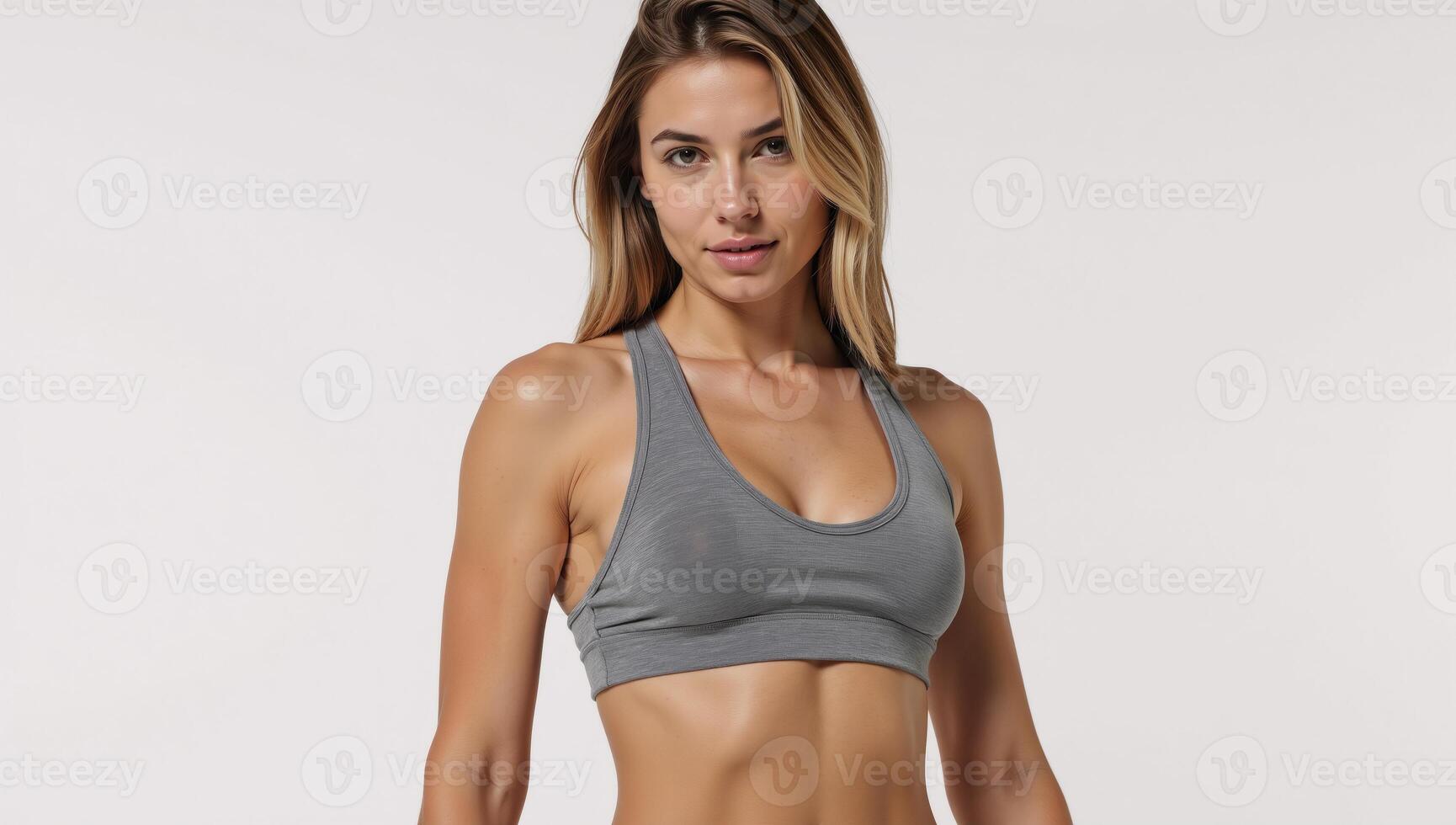 An athletic woman is depicted against a white background using mixed media techniques photo