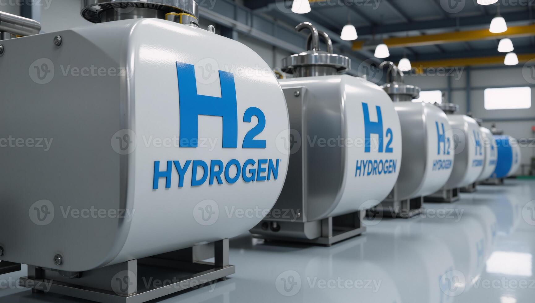 Modern industrial scene showcasing hydrogen storage and renewable power generation for clean alternative energy depicted in a 3D rendering format featuring the H2 Hydrogen logo photo