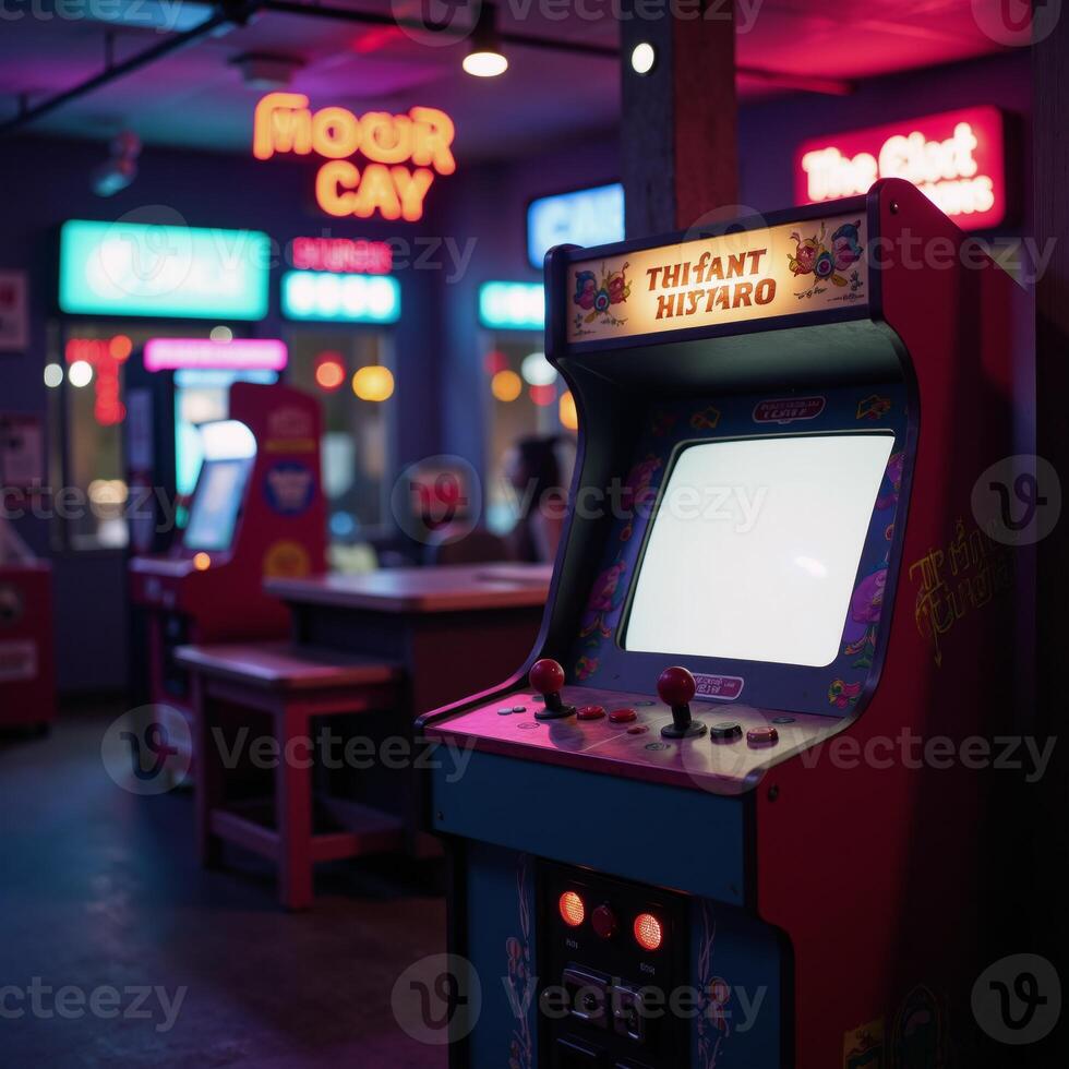 Vibrant photo captures retro arcade machine amidst glowing neon lights within a dark arcade