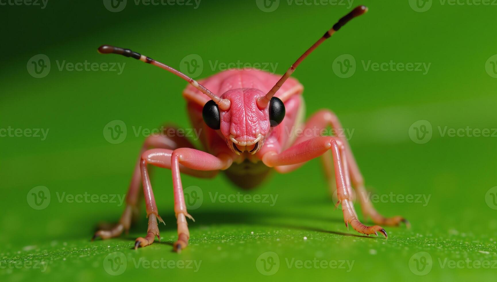 Pink Bug Poses on Green Leaf Gazing Directly into Camera photo