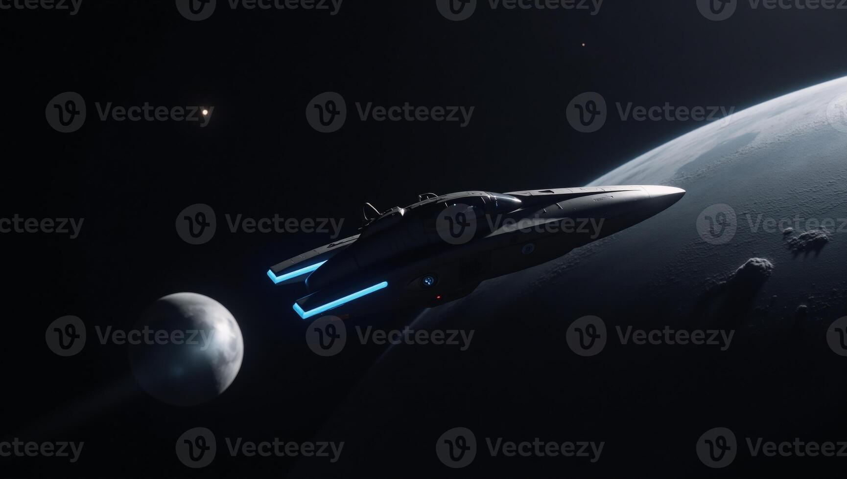 Rabbit spaceship navigates through dark cosmos toward the moon photo