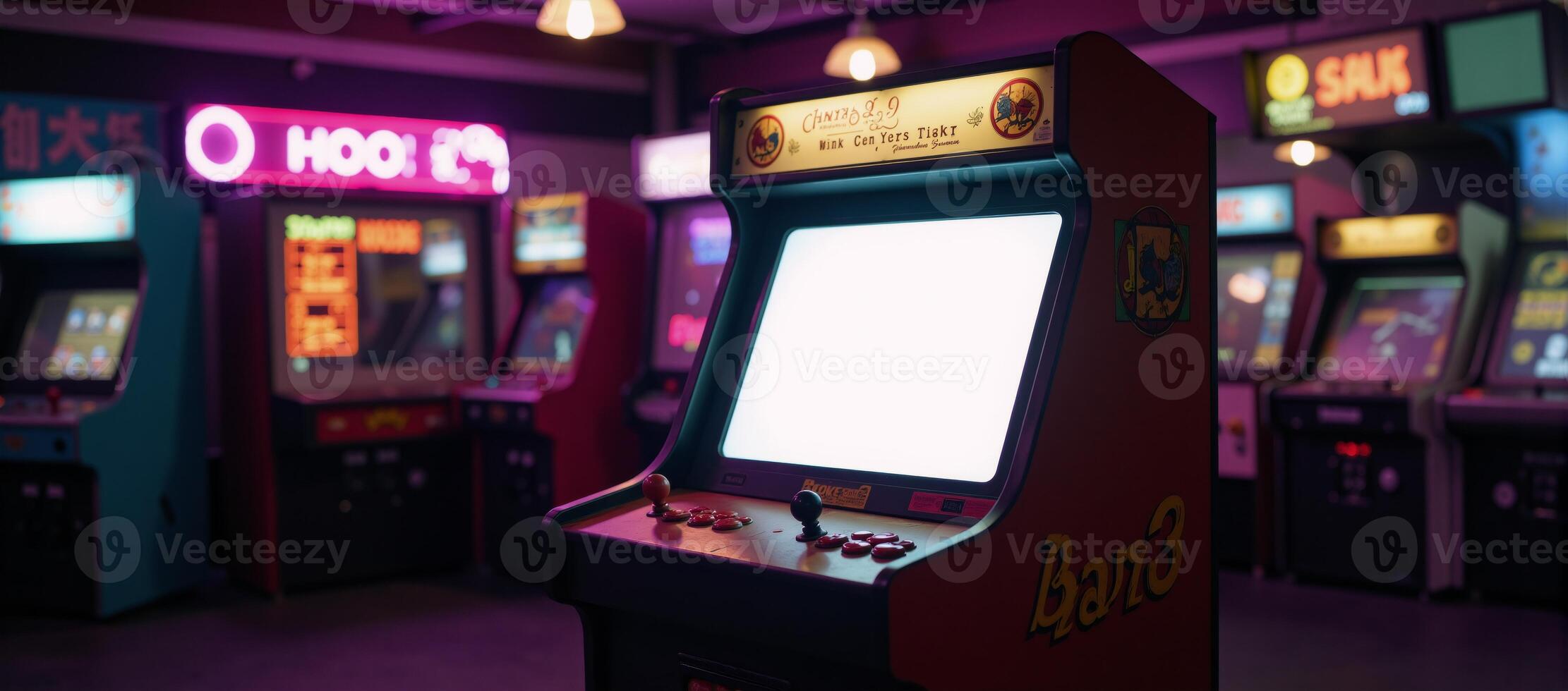 Vibrant photo captures retro arcade machine amidst glowing neon lights within a dark arcade