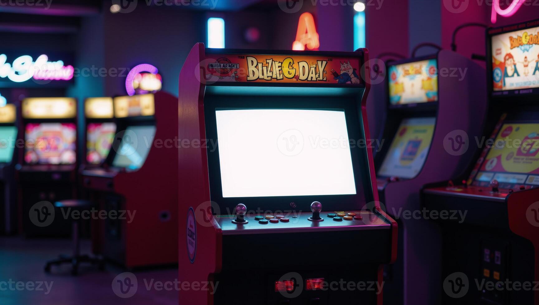 Vibrant photo captures retro arcade machine amidst glowing neon lights within a dark arcade