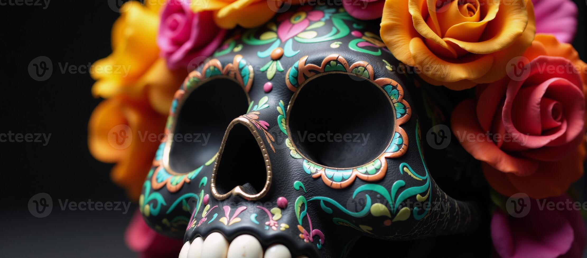 Ornate sugar skull adorned with butterflies and roses representing Day of the Dead festivities photo