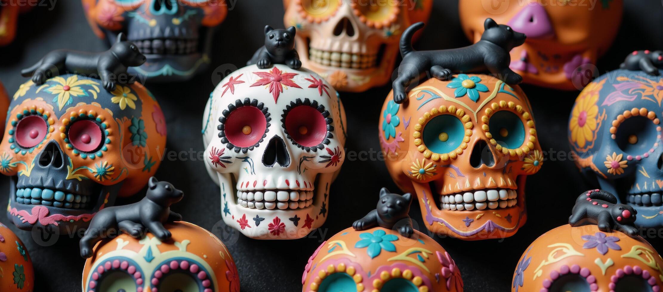 Stylized Mexicanthemed pattern featuring Calavera sugar skulls and playful black cats dogs to celebrate Day of the Dead Dia de los Muertos photo