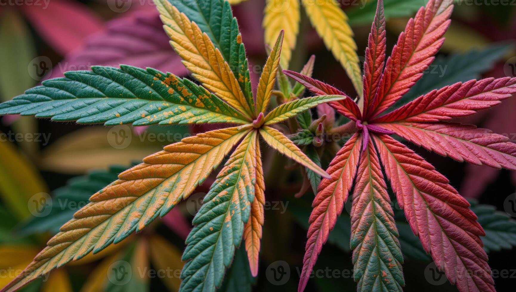 CloseUp of Colorful Rainbow Cannabis Leaves Symbolizes Diversity Natures Beauty photo